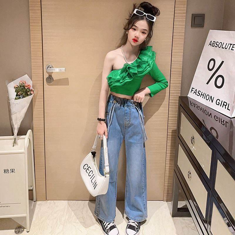 Setelan Anak Perempuan Teenager Crop Top One Shoulder