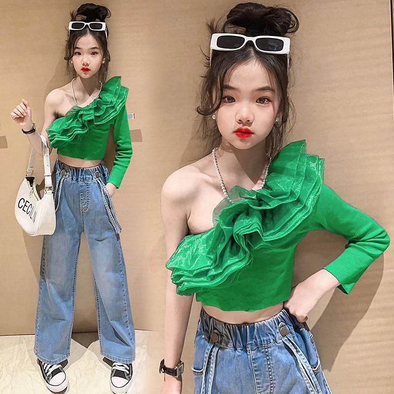 Setelan Anak Perempuan Teenager Crop Top One Shoulder