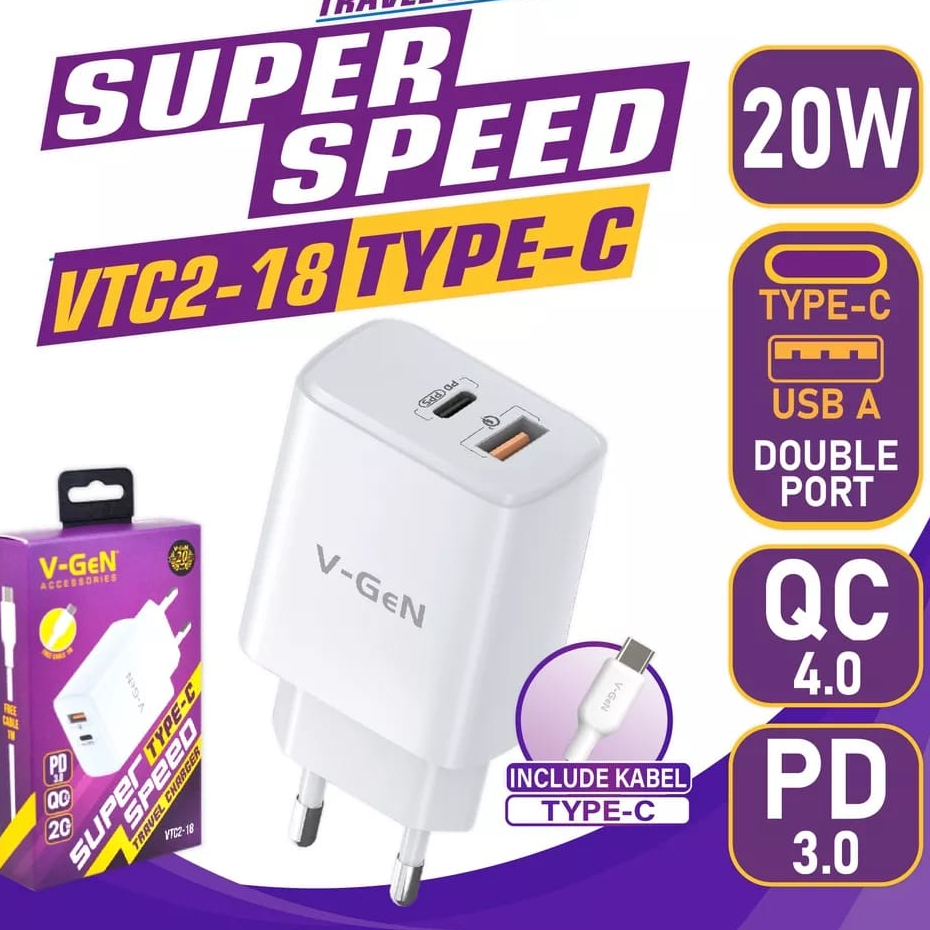 Charger VGEN VTC2-18 20 W Travel Cas Dual Port Super Speed PD3.0 QC4.0 WITH USB Type C Charger