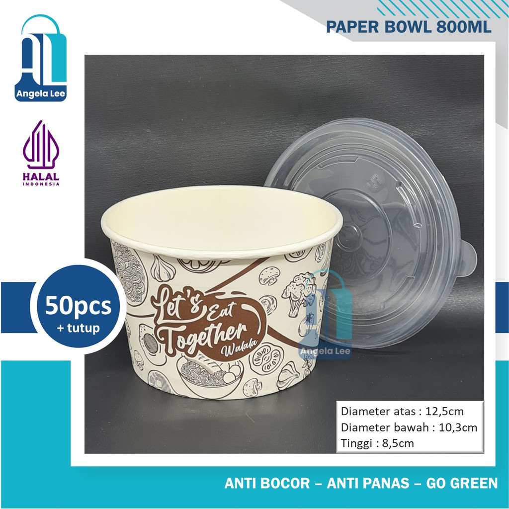 Paper Bowl Motif 800ml Mangkok kertas isi 50pcs +tutup foodgrade gogreen antipanas