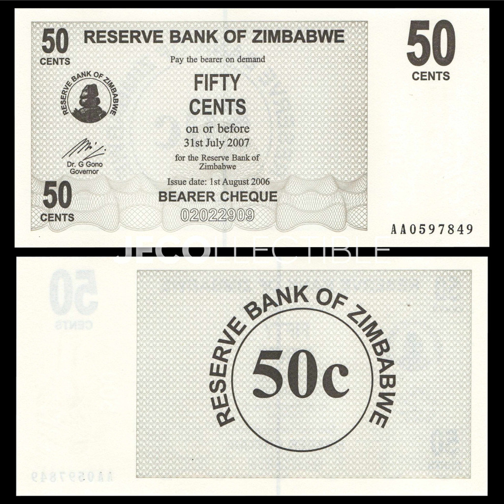 Zimbabwe 50 Cents AA Prefix Uang Kertas Asing