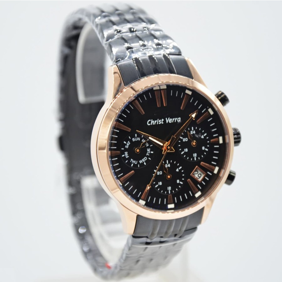 JAM TANGAN WANITA CHRIST VERRA CV 75015L-18 BLACK ROSE GOLD RANTAI ORIGINAL