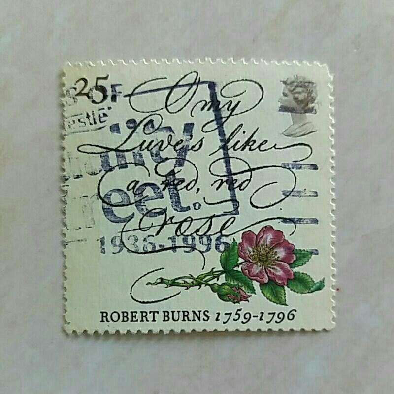 

(AA) Perangko Inggris Britania Raya 1996 Death Bicentenary of Robert Burns (Scottish Poet) - "O my Luve's like a red, red rose" and Wild Rose 25p Used