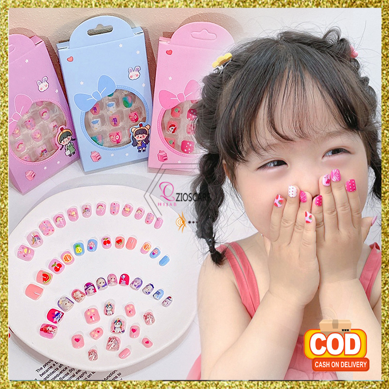 Kuku Palsu Nail Art Anak Motif Kartun Lucu Warna Warni 1 Set 12 Pcs Aksesoris Hiasan Jari Perempuan Import NLC