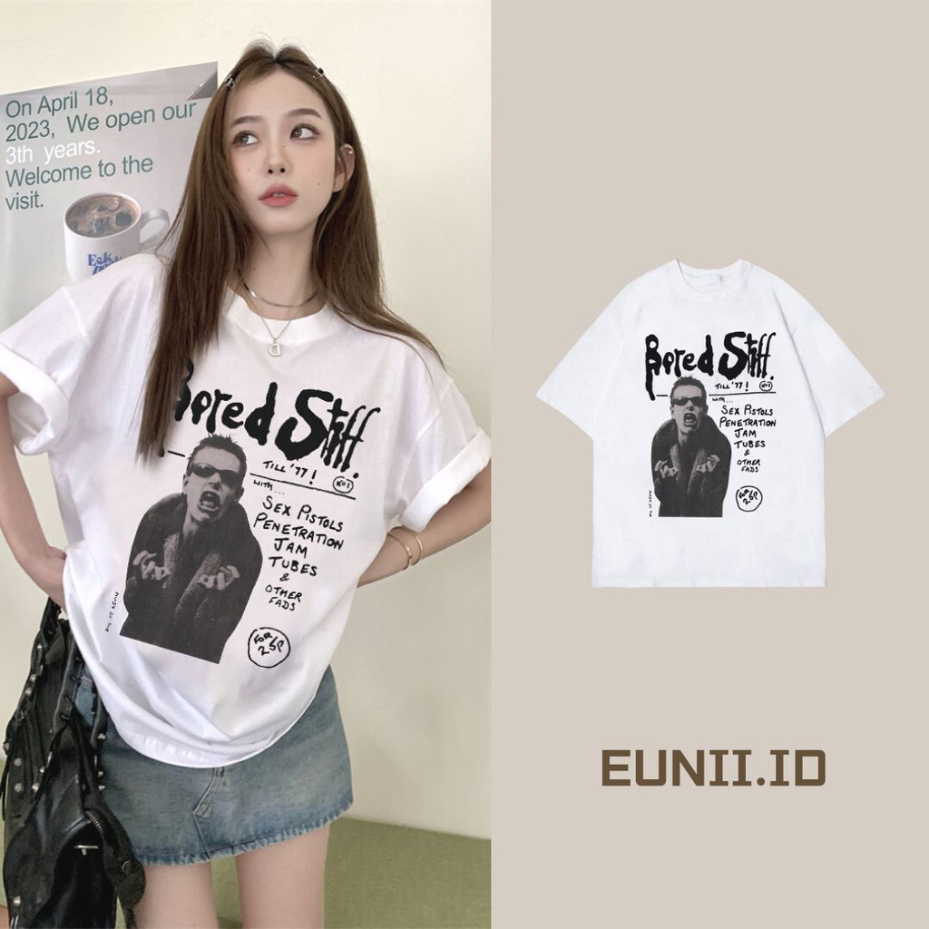 EUNII T-shirt Lengan Pendek Vintage Hip-hop Boy Korean Style/Kaos Atasan Wanita/Baju Kaus Oversize Wanita/Kaos Wanita