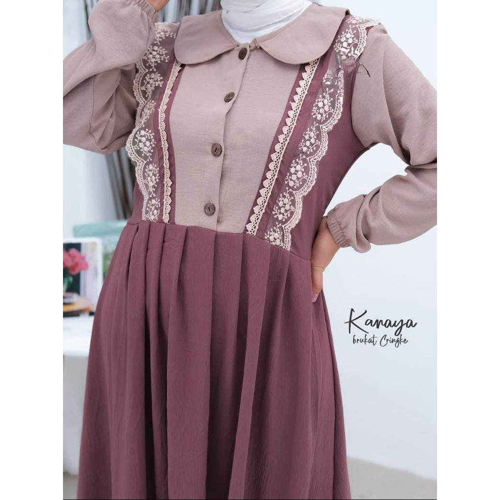 [COD] Kanaya Dress | gamis cringkle variasi renda Gamis Best Seller