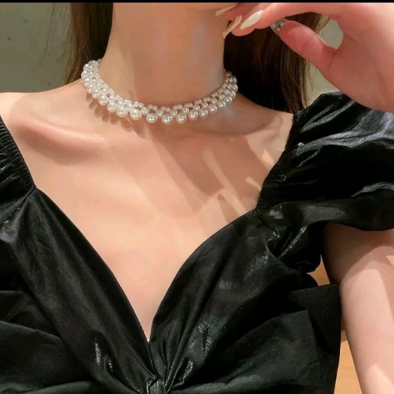 kalung mutiara anyam premium, kalung necklace, kalung choker, kalung Korea stye