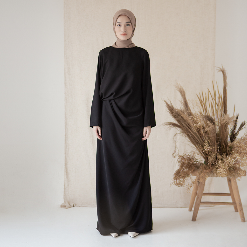 Sasmaya by Aska Label - Gamis drape details bisa untuk kondangan dan bridesmaid warna Lilac, Burgundy, Taupe, Offwhite