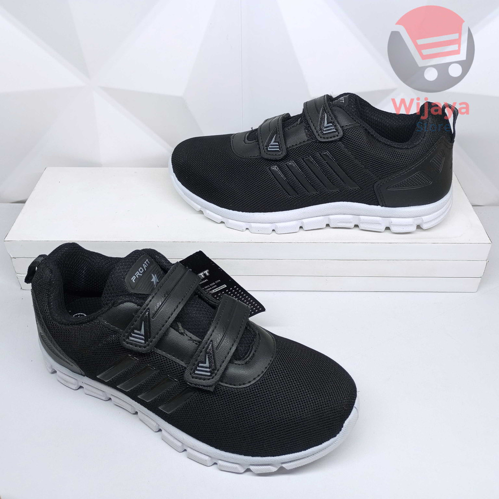 Sepatu Sekolah Pro Att 35-38 Sneaker Anak Hitam Polos Putih dengan Strap Velcro yang Praktis PI 600 PC 870 TEC 890 NT 592