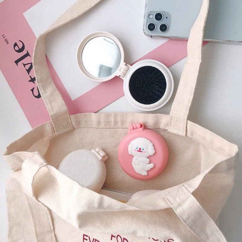 EryoneStore Sisir Rambut Lipat Bulat 2 IN 1 Sisir Rambut Mini Karakter Dengan Cermin Ala Korea Sisir Portable Murah Import RO3