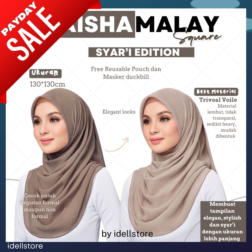 Aisha Malay Square Voal Syar’i • Segiempat Malay Voal Tidak Menerawang Malay Voal Premium Segiempat Curve Bawal Voal Nyaman