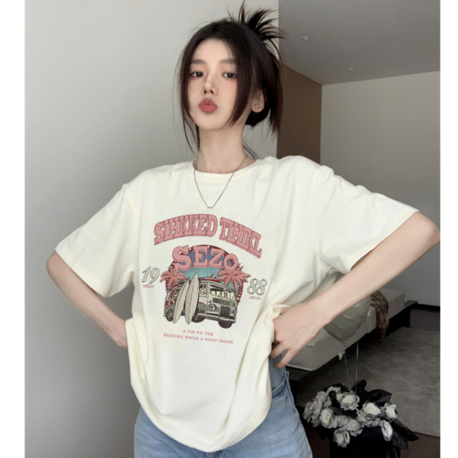 baju warna putih atasan wanita lengan pendek korean style letter car graffiti print T-shirt import oversize kekinian kaos cream