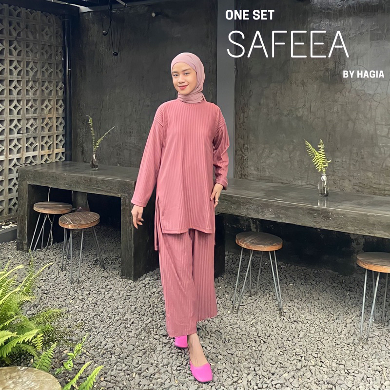 SAFEEA ONE SET OVERSIZE KNIT HORNET BY HAGIA | setelan baju &amp; celana lengan panjang winter muslim motif polos Polos versi busui dan non busui