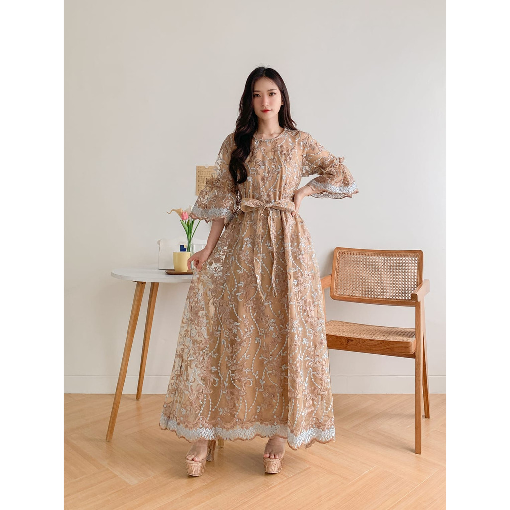 REALPIC Longdress Daniela MS 3 Ukuran M L dan XL Fashion Pakaian Wanita Dress Maxi Gamis Maxy Bahan Brukat Tile Lapis Furing Hyget Ada Video Real Produk 2 Versi