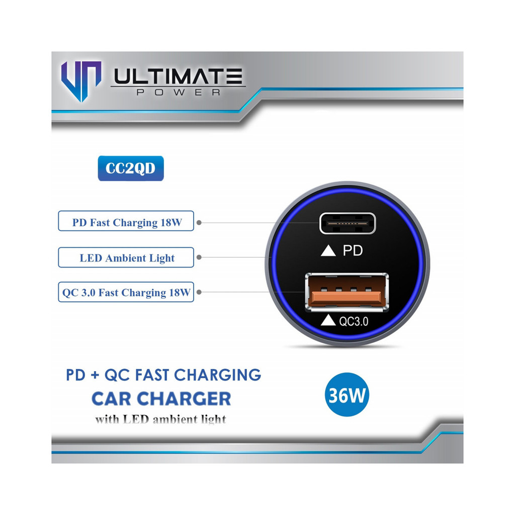 Ultimate Power Car Charger Mobil 36w PD+QC Fast Charging Car Charger with LED Ambient Light