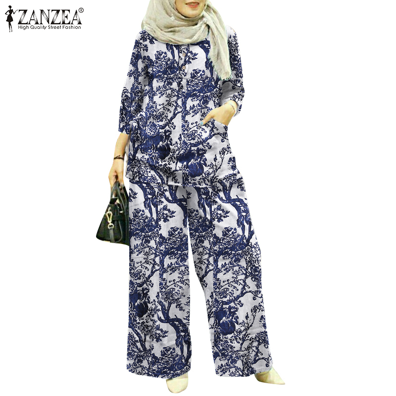 ZANZEA Women Floral Printed 3/4 Sleeve Button Down Front Casual Muslim 2 Pieces Set