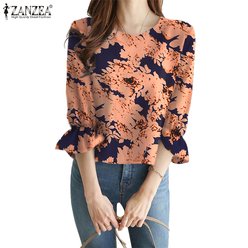 ZANZEA Women Korea Holiday Daily Floral Print Lotus Leaf 3/4  Sleeve Round Neck Blouse