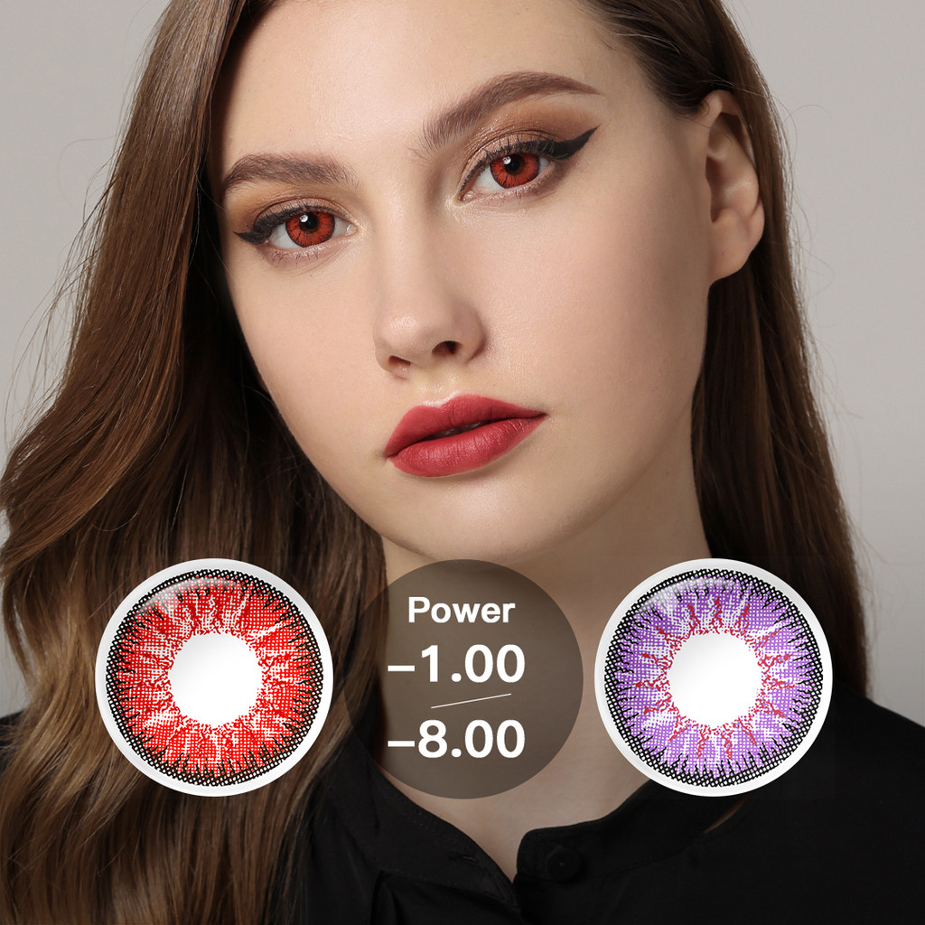 [-1.00~-8.00] Softlens Minus Cosplay 14.5MM Sepasang Warna Lensa Kontak Big Eyes Softlens Merah Softlens Ungu Halloween Soflens