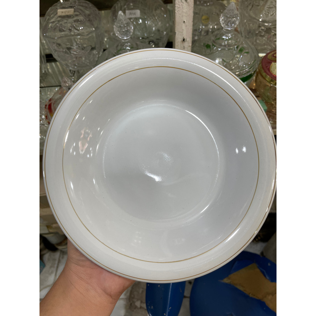 1 Lusin Piring Makan Keramik Lucky / Dinasty Omega Putih Polos list Emas / Piring Omega
