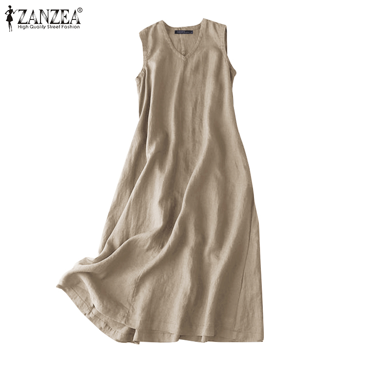 ZANZEA Women Sleeveless V Neck Solid Color Casual Side Pockets Long Dress