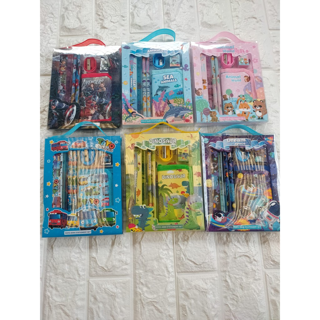 Set Alat Tulis Anak + Dompet / 1 Set Alat Tulis Karakter / Hampers Ulang Tahun Anak / Study Set Dompet YoYo 8006