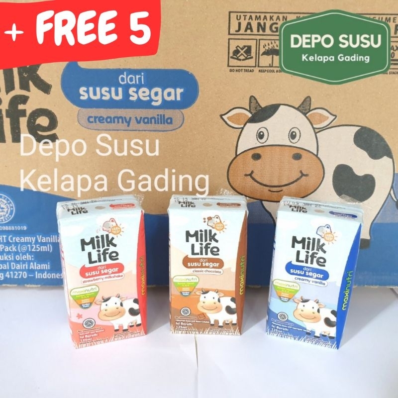 Milk Life UHT 125ml X 40pcs + FREE 5 PCS | Vanilla Coklat Strawberry Milklife Susu 125 ml