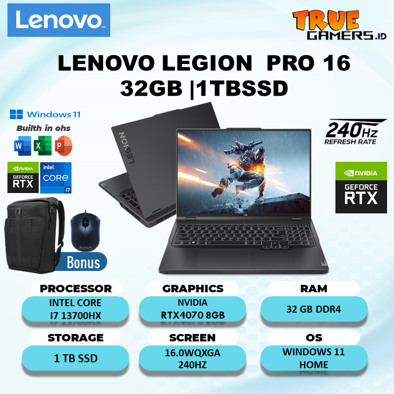 Laptop Gaming Lenovo Legion PRO 5 16 RTX4070 8GB I7 13700HX 32GB 1TBSSD W11+OHS 16.0WQXGA 240HZ 4ZRGB