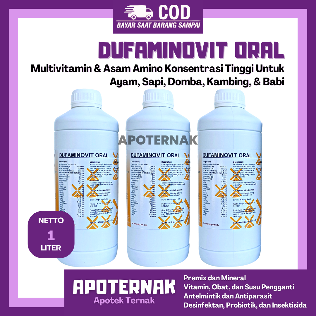 DUFAMINOVIT ORAL 1 Liter | Multivitamin dan Asam Amino Konsentrasi Tinggi Untuk Ayam Sapi Domba Kambing Babi