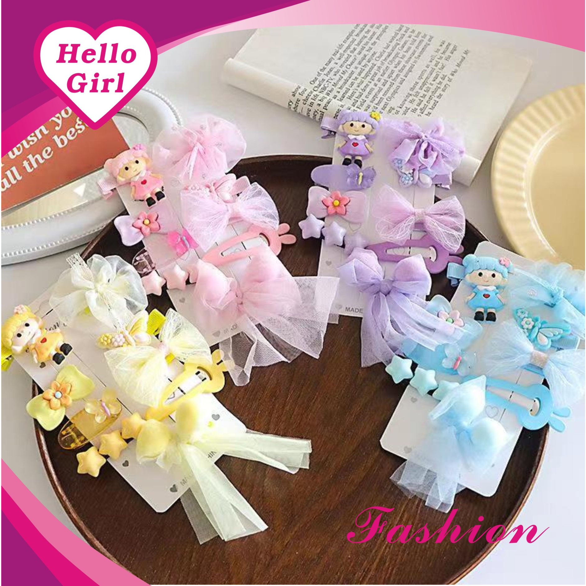 (Hello Girl)F51 Jepit Rambut Anak 9 IN 1Set  Jepit Rambut Motif Bunga Pita Karakter Gaya Korea Import