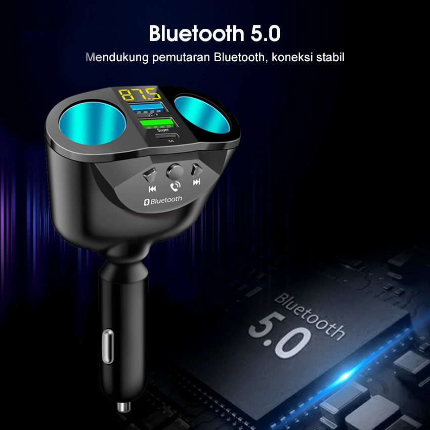 QC3.0 Pengisi Daya Mobil 90W, Pengisian Daya Cepat Dua USB Tipe C 12V 24V Bluetooth 5.0 FM Pemancar Pemutar Musik Adaptor Satu Seret Tiga Ringan dengan Dua Colokan Konversi