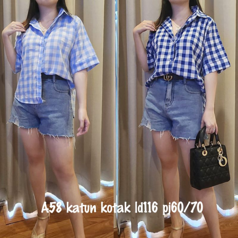 blus / blouse / atasan wanita krah bahan katun motif kotak A58