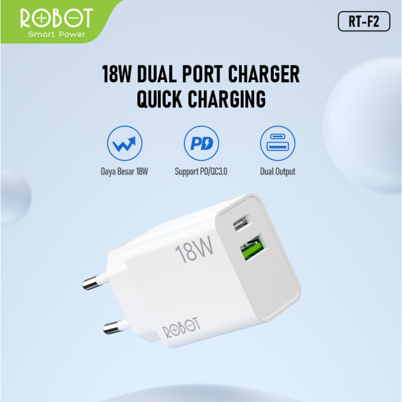 ROBOT Dual Port Charger Quick Charging RT-F2 QC 3.0 Micro USB Type-C Dual Output USB-A dan USB-C - Garansi 1 Tahun