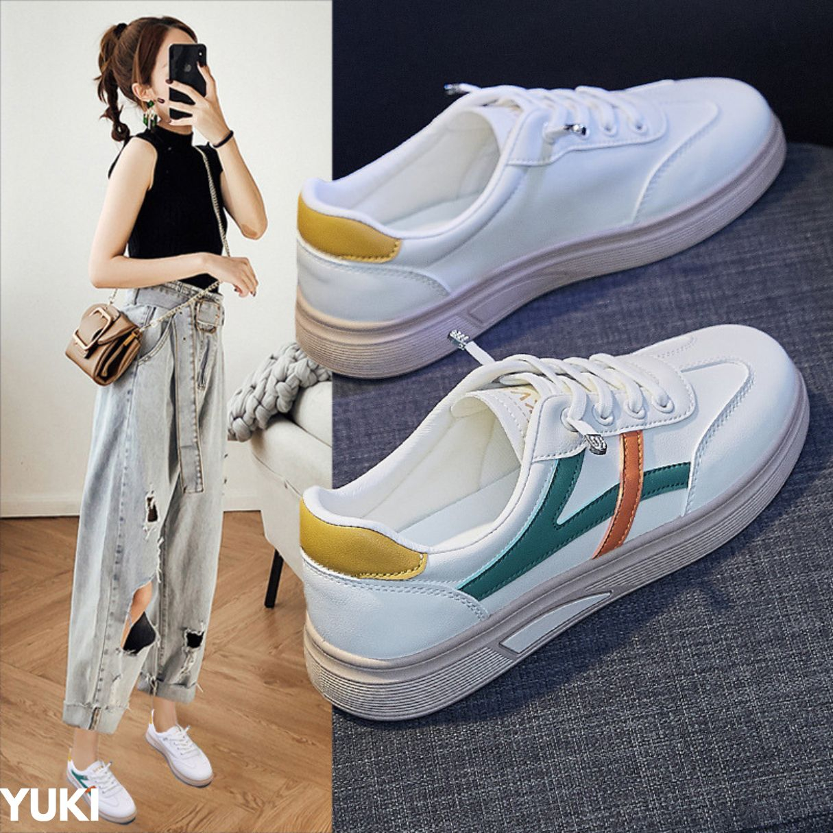 SEPATU SNEAKERS WANITA DESAIN MINIMALIS CANTIK DAILY STYLE BAHAN PU IMPORT YUKI