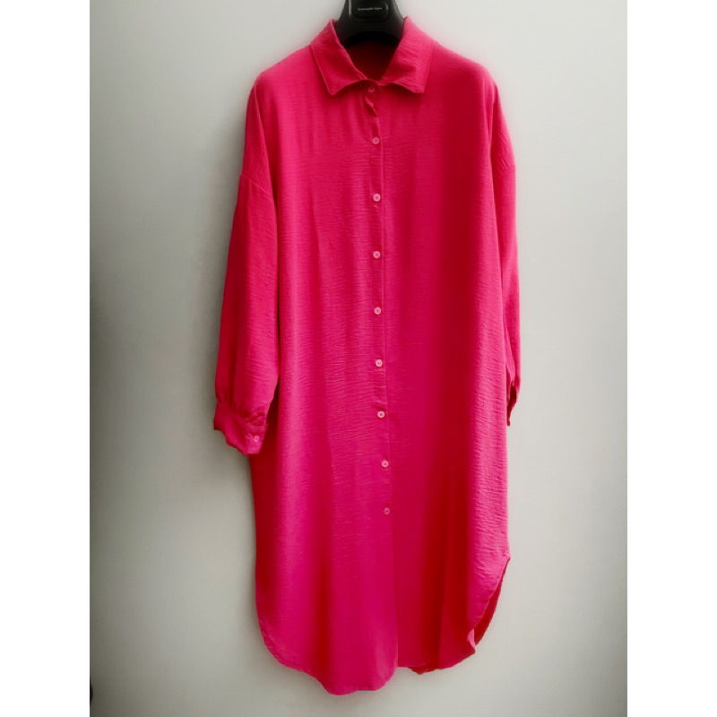 Kemeja Blouse Atasan Tunik Panjang Crinkle, Fuschia (F045)