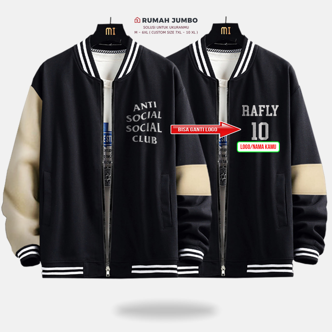 Jaket Bomber Varsity Baseball Oversize M - 6XL ANTI SOSIAL CLUB BLACK CREAM