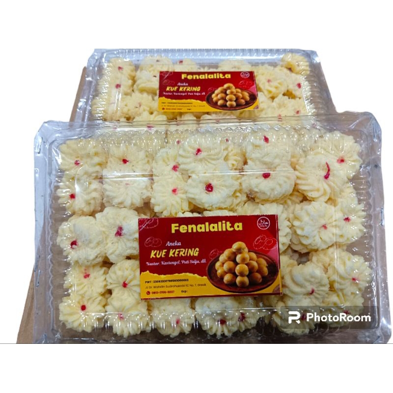 

Kue kering homemade venalita kuker mawar semprit susu toping selai strowberry250gr/mika Halal