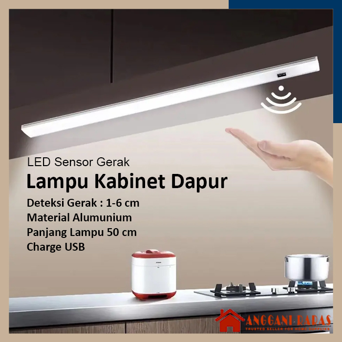 Lampu Neon Panjang LED Neon Lampu Dapur Kabinet Dapur Lampu Sensor Cahaya Lampu Dapur Tempel LED Sensor Gerak Cabinet 50CM