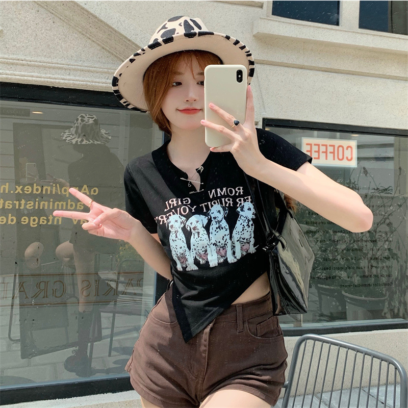 TJM BJ391 Baju Kaos Crop Top Printed Mix Button Pin Atasan Wanita Lengan Pendek Korean Style