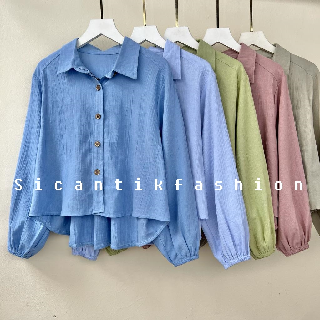 Kemeja Crop Top Linen Crinkle / Atasan Wanita Crop Korean