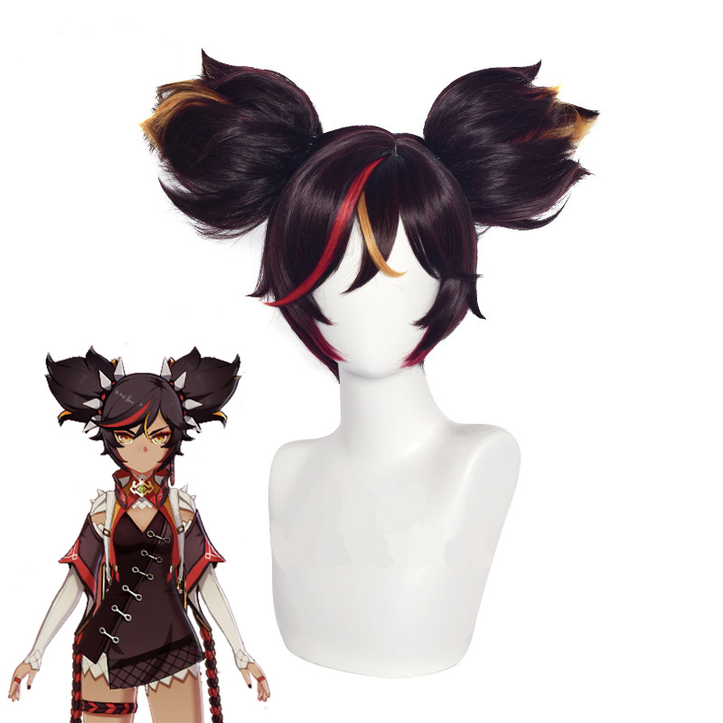 Genshin Impact Xinyan Cosplay Wigs Brown Cosplay Wig Ears Mixed Color Heat Resistant Synthetic Hair 