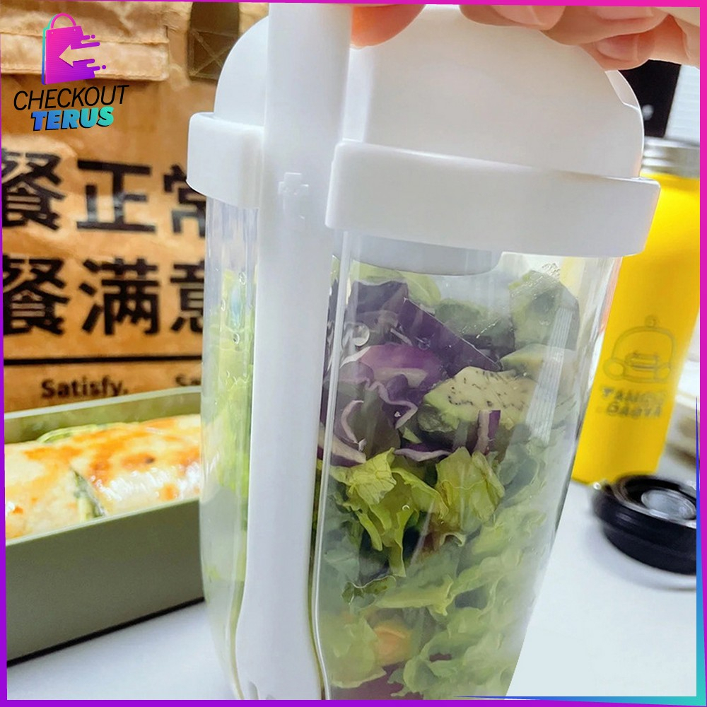 CT C863 Botol Salad 1000ML Transparan BPA FREE dengan Sendok Garpu + Botol Saus Kecil Portable Gelas Salad Plastik Tempat Makan Buah Sayur Salad