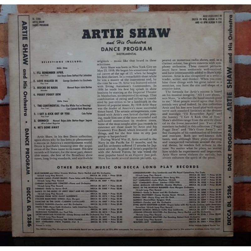 Vinyl Piringan Hitam 10 inch Artie Shaw-Dance Program