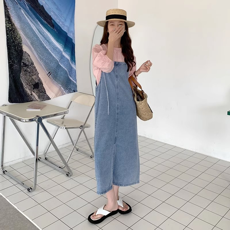 Overall dress jeans wanita overall rok jeans panjang wanita rok korean style jumpsuit rok suspender fashion jumbo kekinian 2023