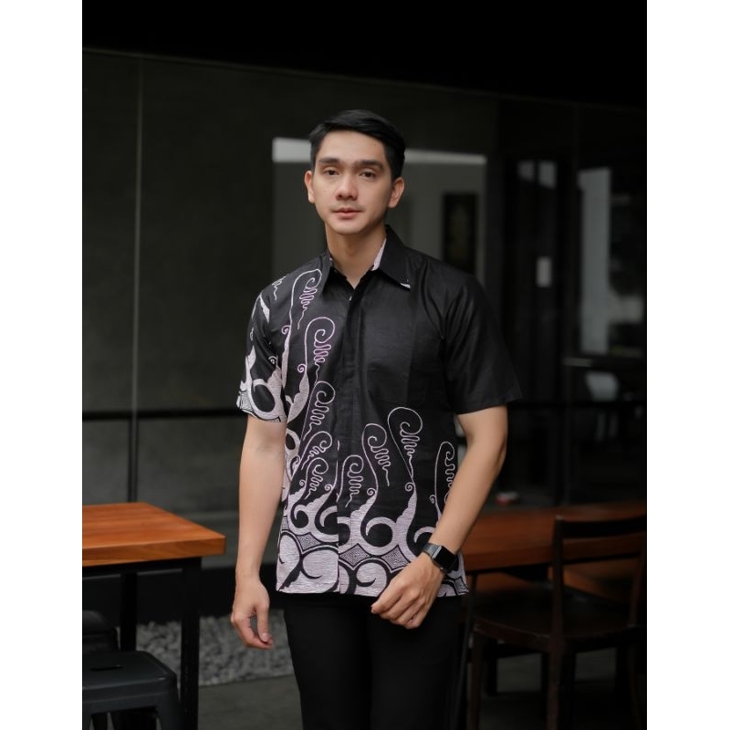 BSWART Batik HRB026 Kenongo Hem Pendek Padi Pekalongan M L XL Batik Pria MURAH Modern Grosir