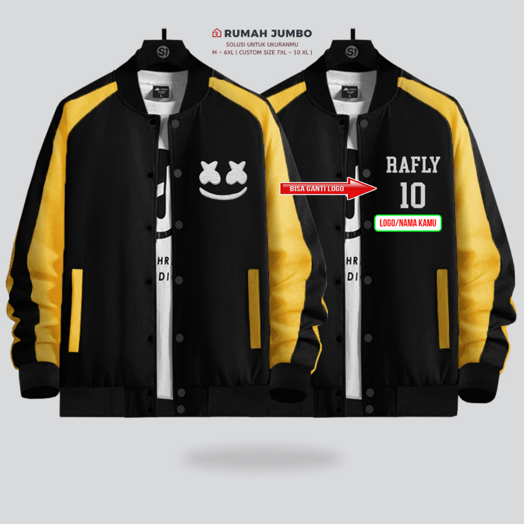 Jaket Bomber Varsity Baseball Oversize (M - 6XL) Jaket Custom GARIX BLACK YELOW