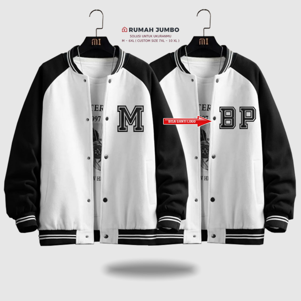 Jaket Bomber Varsity Baseball Latter M Oversize (M - 6XL) Jaket Custom WHITE BLACK