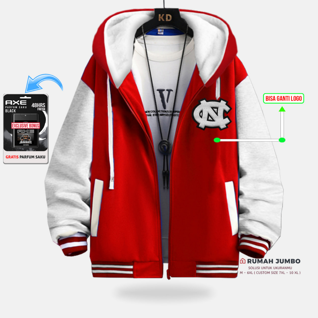 Jaket Bomber Varsity Oversize (M - 6XL) Baseball Custom NC RED WHITE