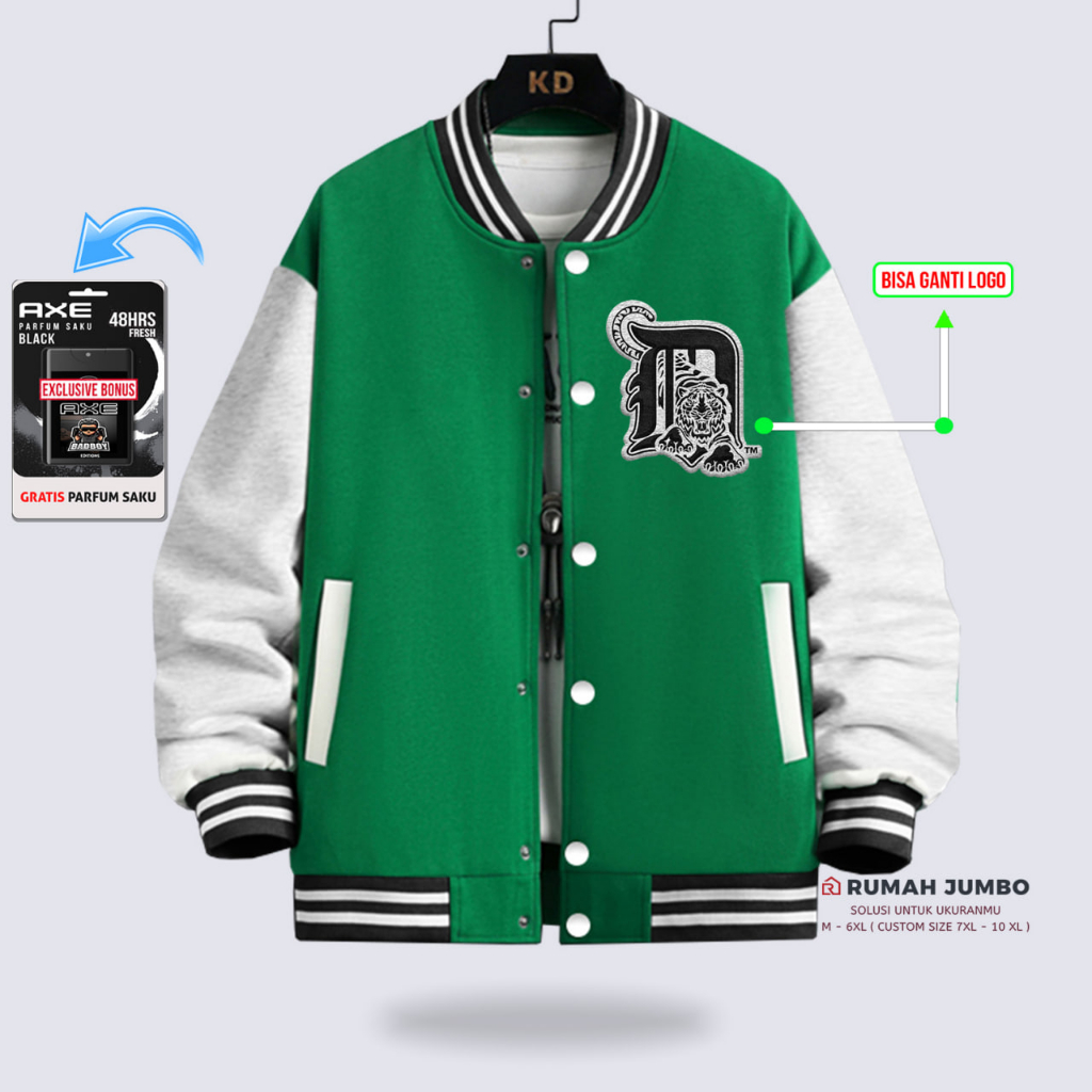 Jaket Bomber Varsity Oversize (M - 6XL) Baseball Custom TIGER GREN GREY