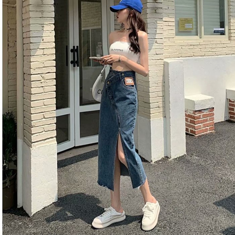 Rok Bawahan Wanita Jeans Denim Midi Coak Belah Modis Kancing Miring