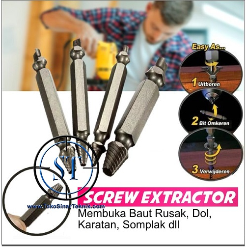 Screw Extractor HSS Drill Bits Pembuka Baut Skrup Mur Rusak isi 4 Pcs Baut Mur Dol Kepala Baud Drill